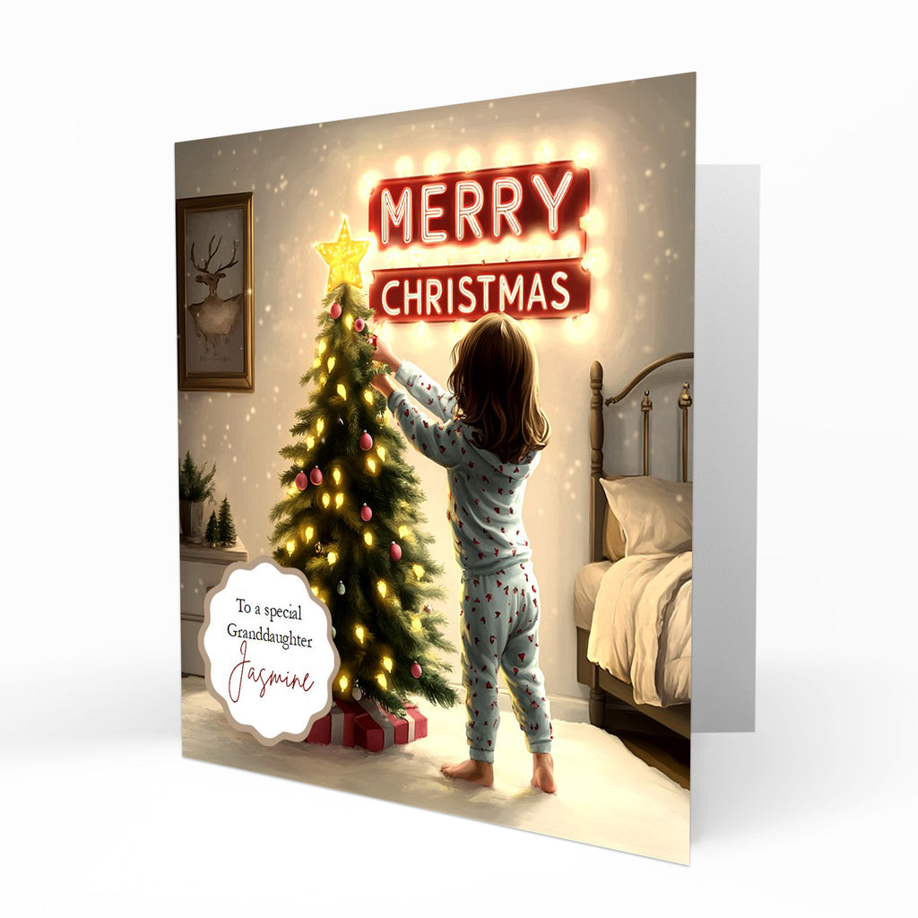 Christmas Card for girls Personalised Daughter Granddaughter Sister Niece Friend MERRY CHRISTMAS LIGHTS, Any Name, Any Relation C389