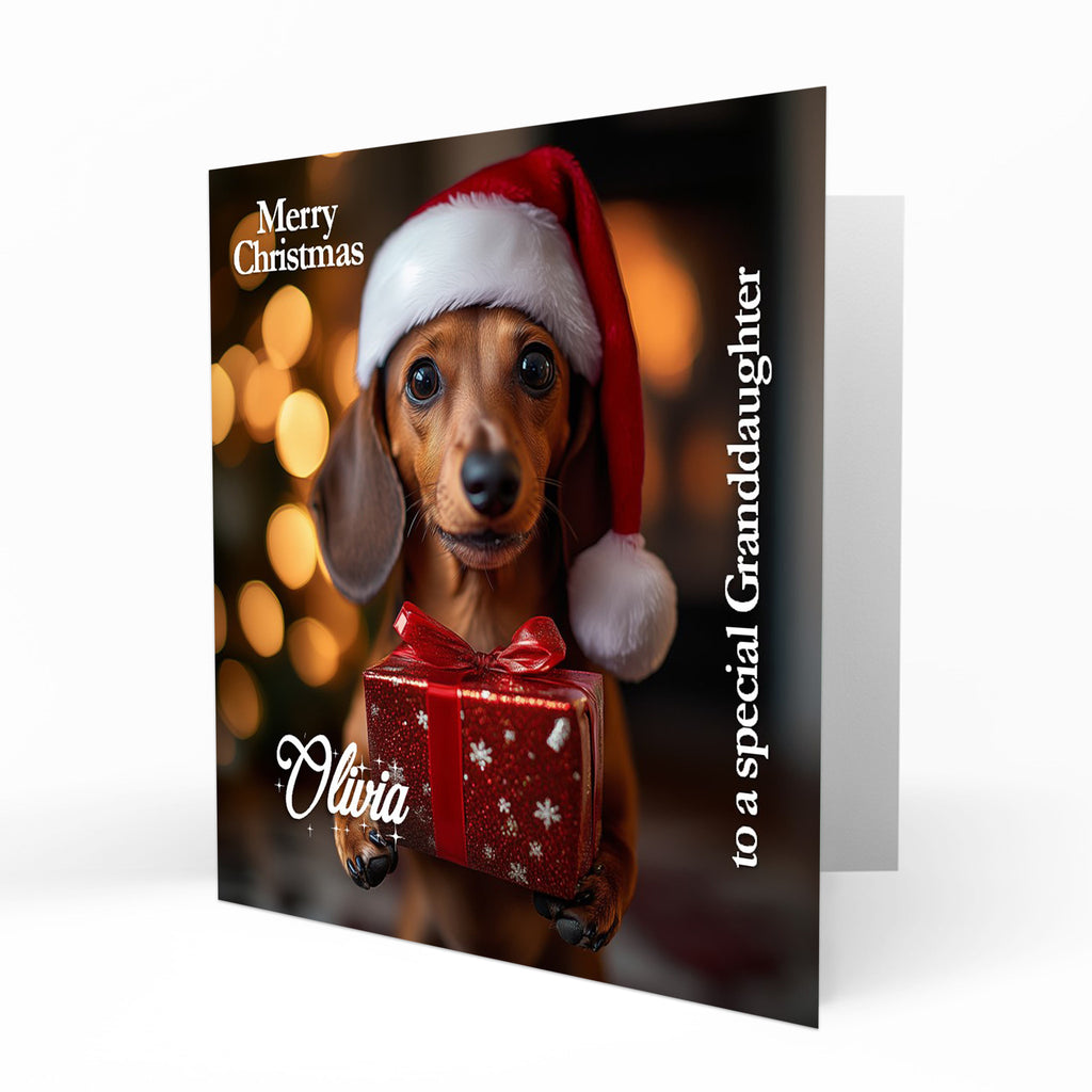 Christmas Card Personalised Daughter, Son, Mum, Dad, Granddaughter Sister Niece Friend Any Name, Any Relation Cute Dachshund Dog C390