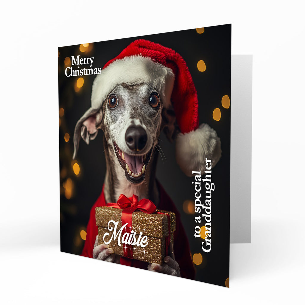 Christmas Card Personalised Daughter, Son, Mum, Dad, Granddaughter Sister Niece Friend Any Name, Any Relation Cute Greyhound Dog C391