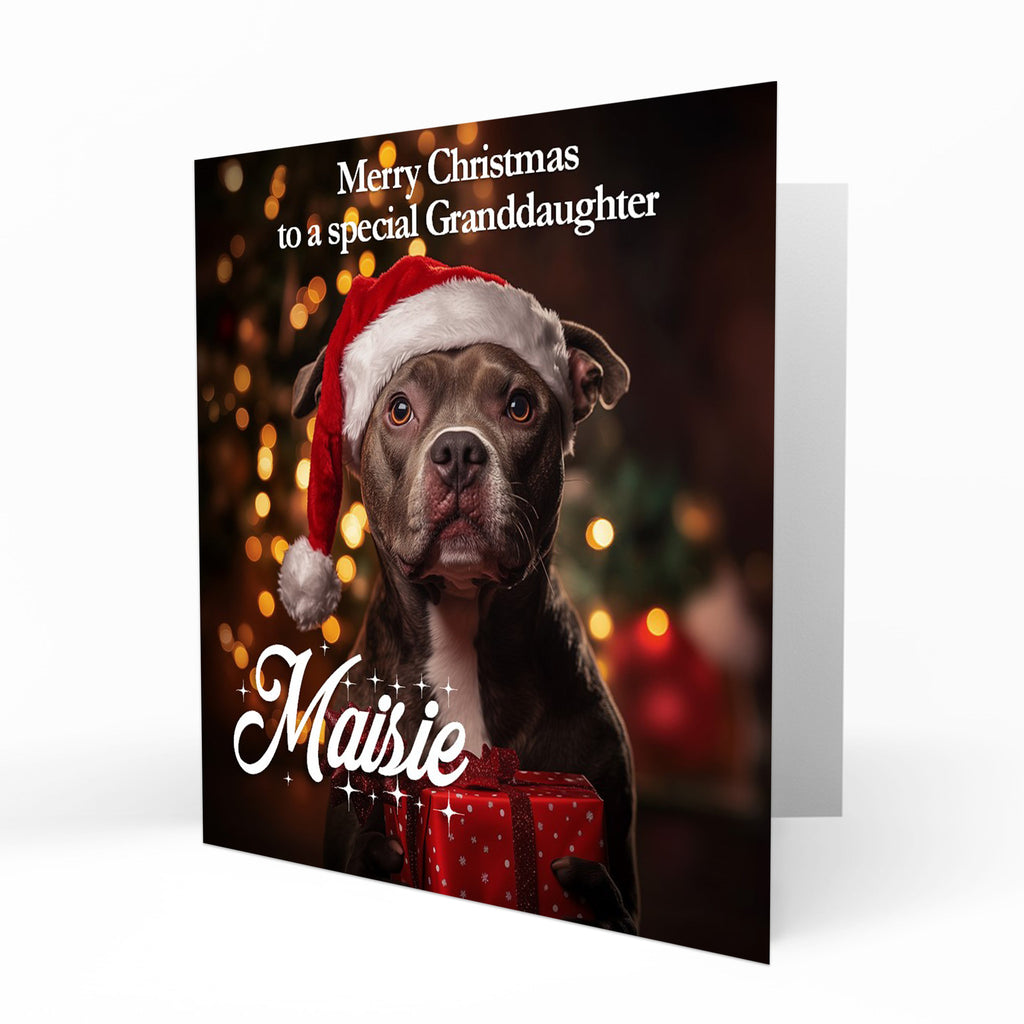 Christmas Card Personalised Daughter, Son, Mum, Dad, Granddaughter Sister Niece Friend Any Name, Any Relation Cute Staffordshire Bull Terrier Dog C392