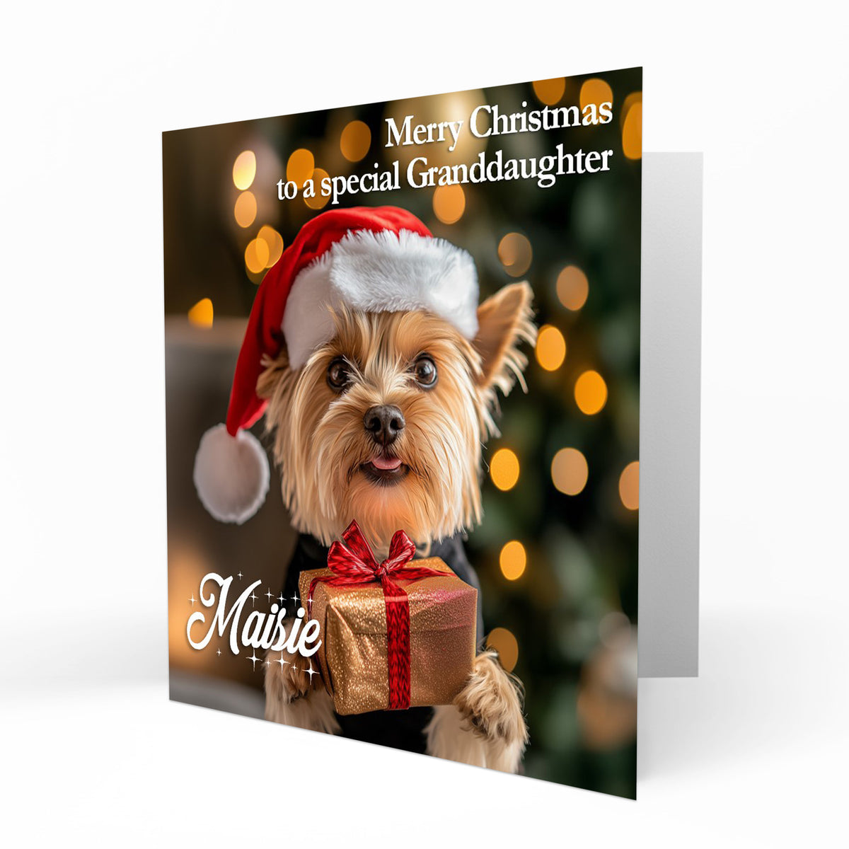 Christmas Card Personalised Daughter, Son, Mum, Dad, Granddaughter Sister Niece Friend Any Name, Any Relation Cute Yorkshire Terrier Dog C394