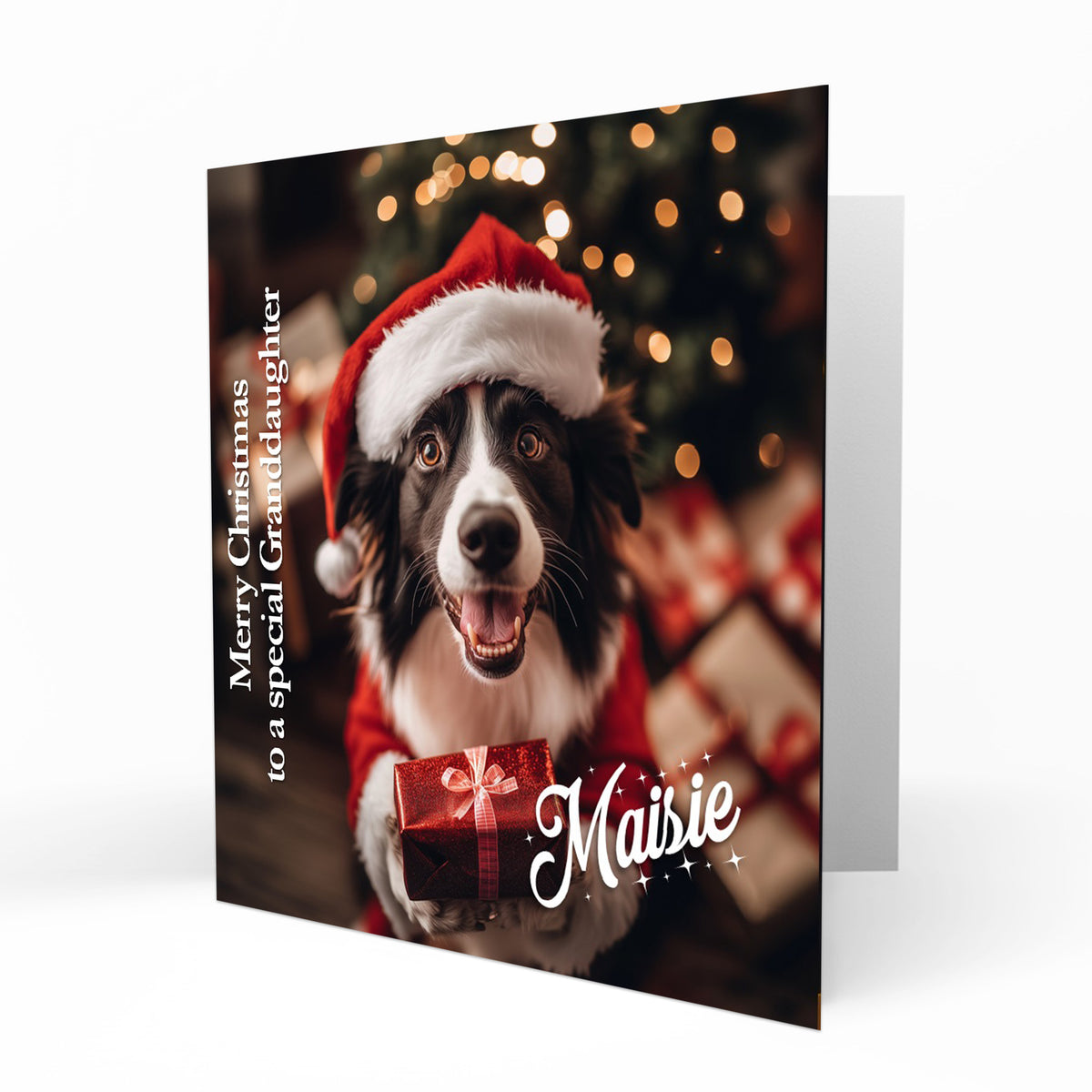 Christmas Card Personalised Daughter, Son, Mum, Dad, Granddaughter Sister Niece Friend Any Name, Any Relation Cute Border Collie Dog C395