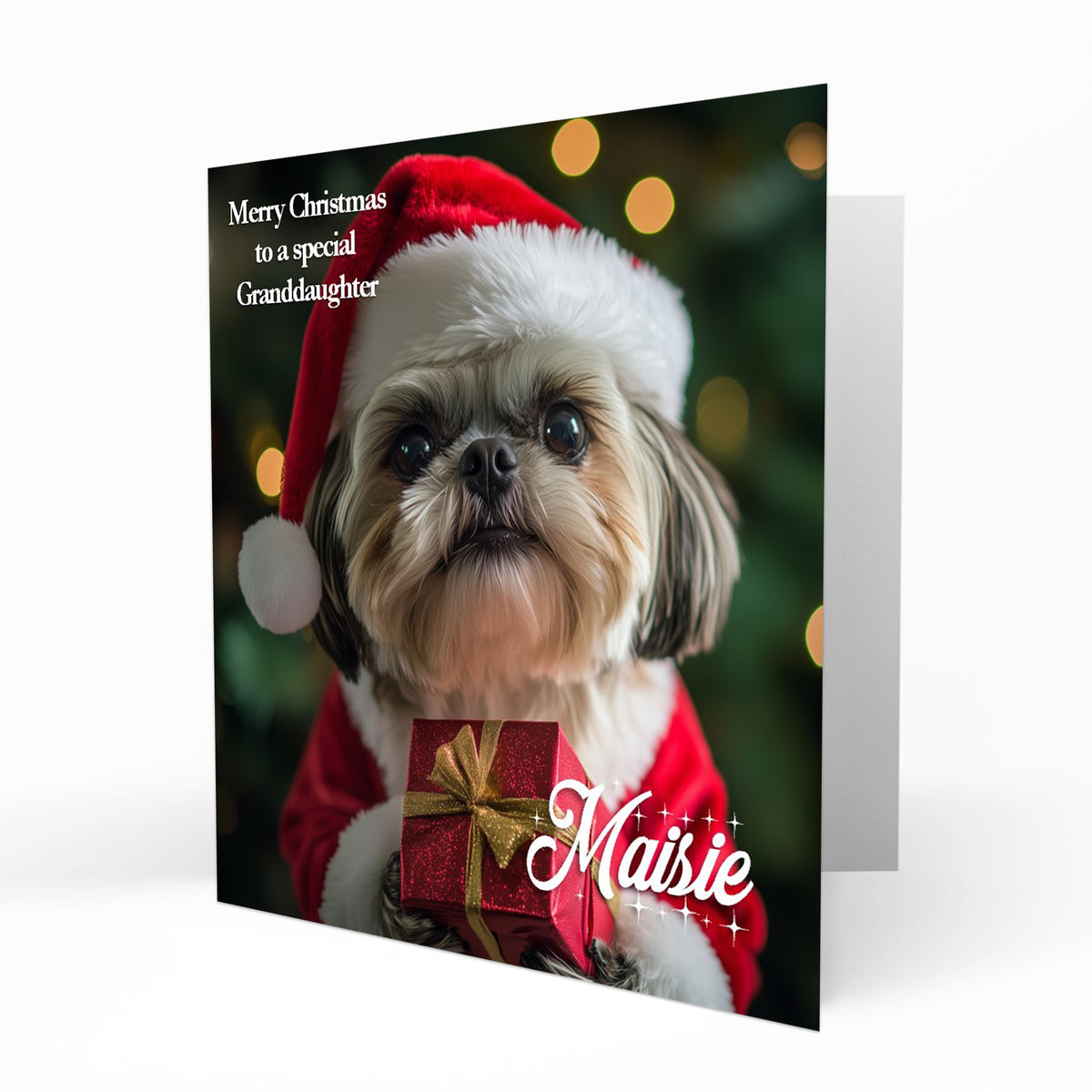 Christmas Card Personalised Daughter, Son, Mum, Dad, Granddaughter Sister Niece Friend Any Name, Any Relation Cute Shih Tzu Dog C397
