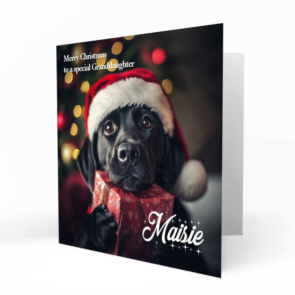 Christmas Card Personalised Daughter, Son, Mum, Dad, Granddaughter Sister Niece Friend Any Name, Any Relation Cute Black Labrador Dog C398