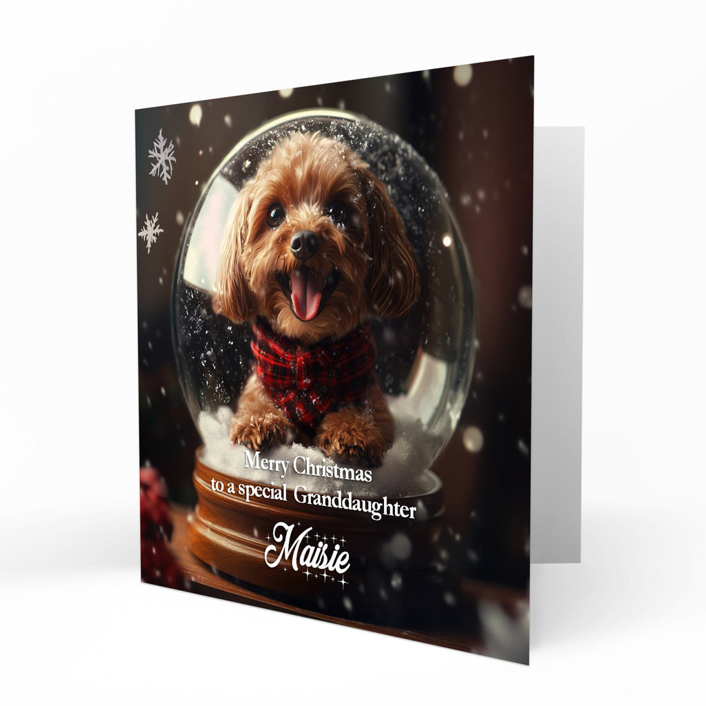 Christmas Card Personalised Daughter, Son, Mum, Dad, Granddaughter Sister Niece Friend Any Name, Any Relation Cute Cavapoo in a Snow Globe Dog C402
