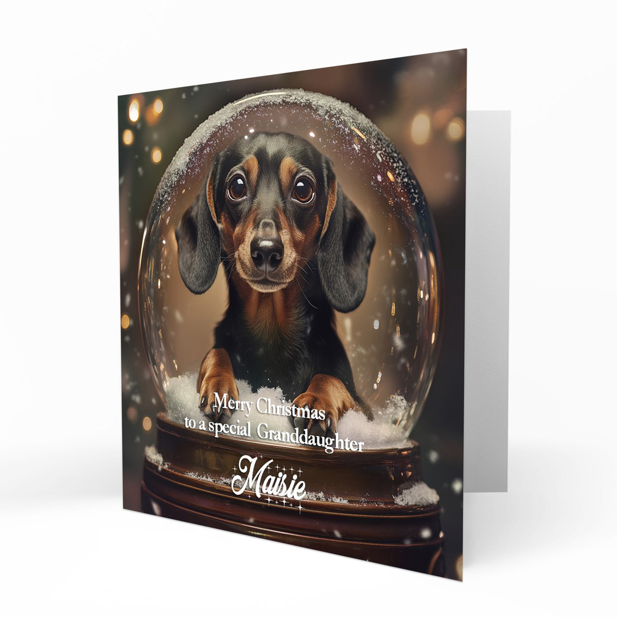 Christmas Card Personalised Daughter, Son, Mum, Dad, Granddaughter Sister Niece Friend Any Name, Any Relation Cute Dachshund in a Snow Globe Dog C403