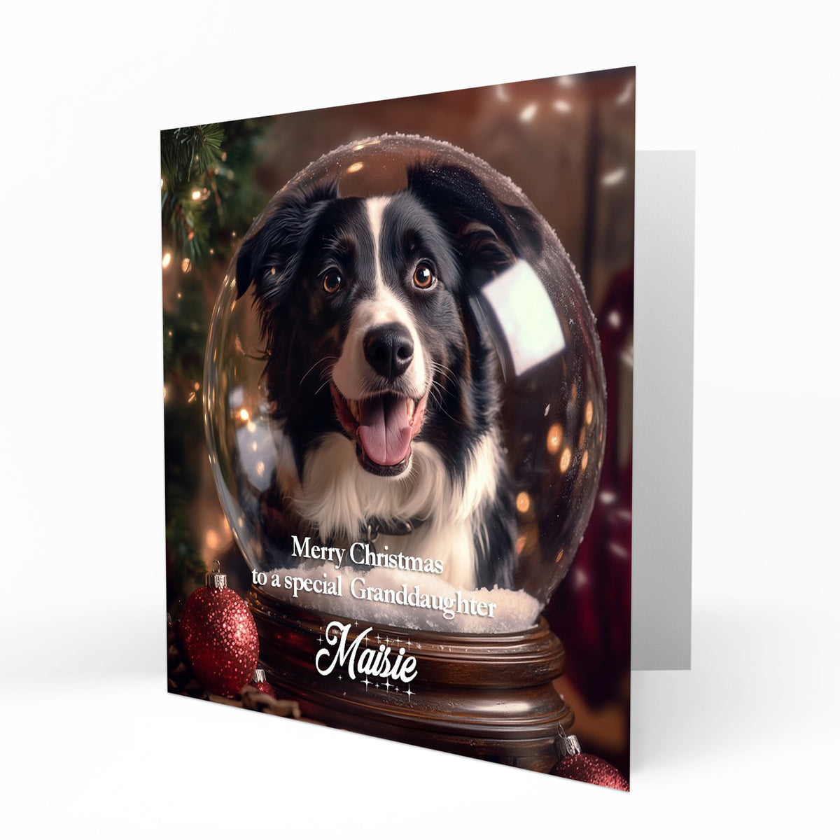 Christmas Card Personalised Daughter, Son, Mum, Dad, Granddaughter Sister Niece Friend Any Name, Any Relation Cute Border Collie in a Snow Globe Dog C406