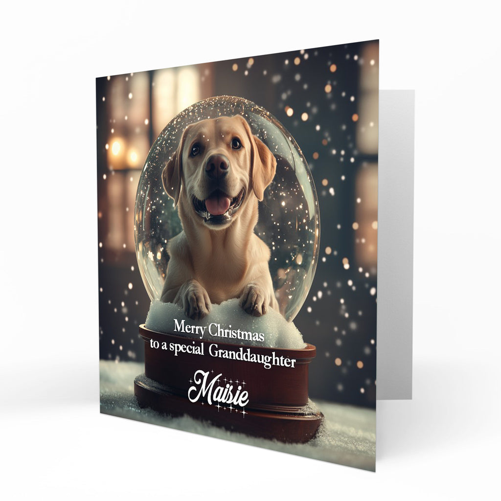 Christmas Card Personalised Daughter, Son, Mum, Dad, Granddaughter Sister Niece Friend Any Name, Any Relation Cute Labrador in a Snow Globe Dog C408