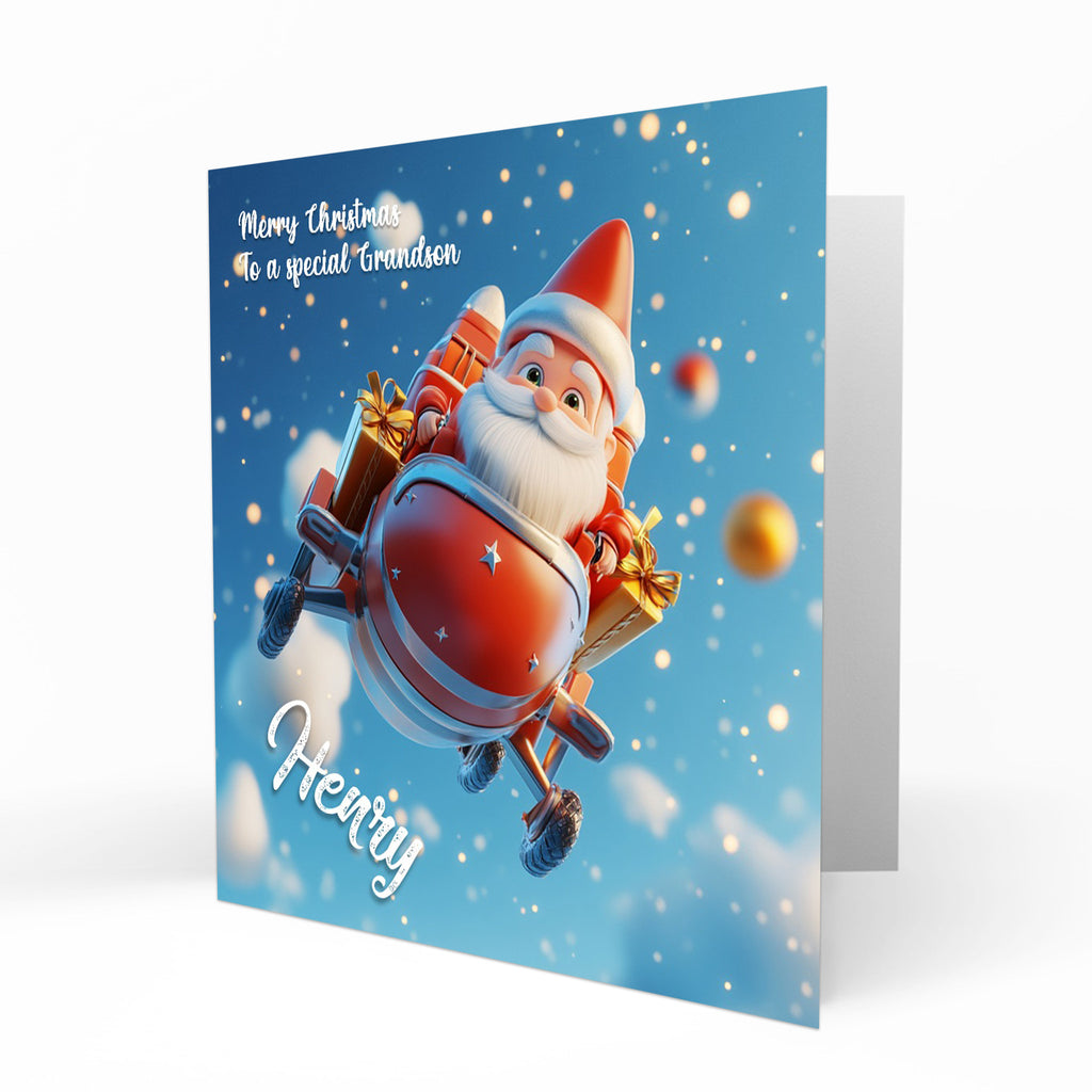 Personalised Christmas Card Boys Girls Grandson Granddaughter Son Daughter Brother Sister Niece Nephew Santa Rocket C417