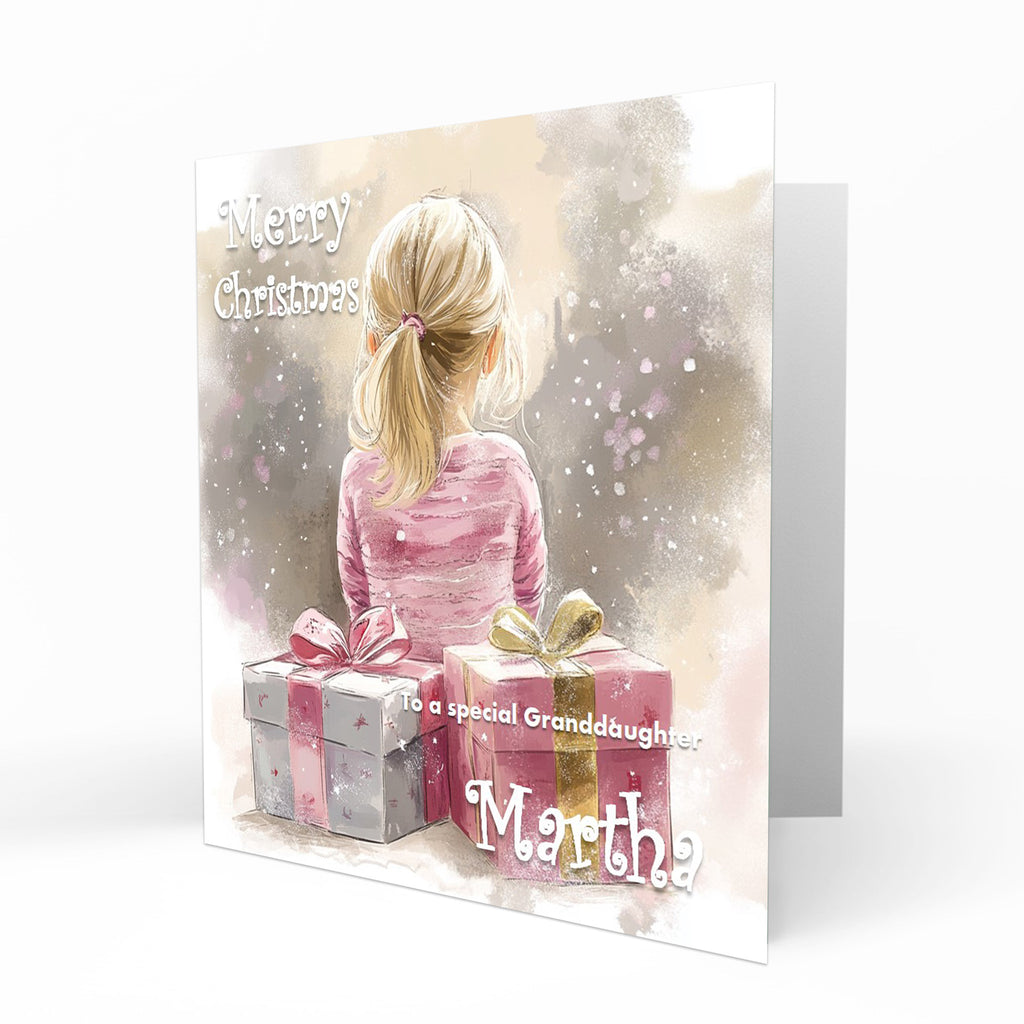 Christmas Card for girls Personalised Daughter Granddaughter Sister Niece Friend Opening Presents on Christmas Morning, Any Name, Any Relation C424