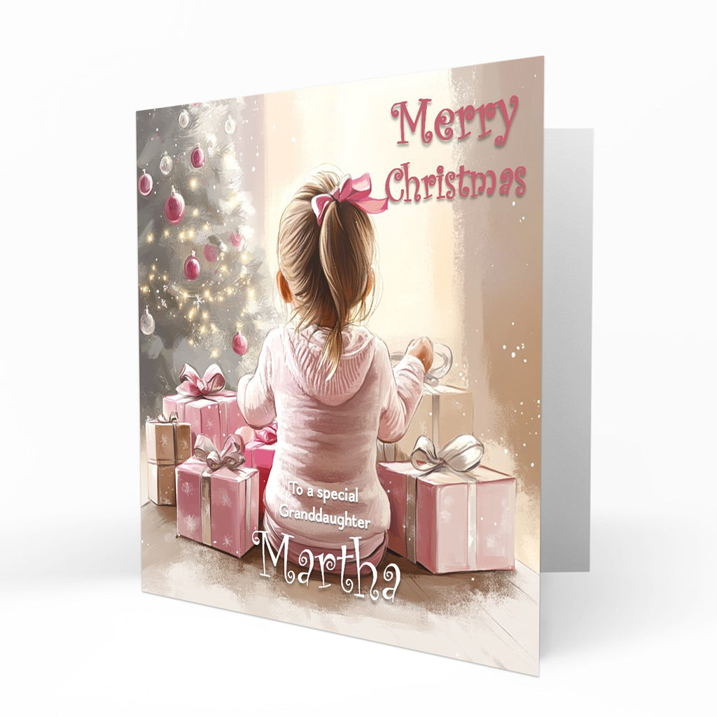 Christmas Card for girls Personalised Daughter Granddaughter Sister Niece Friend Opening Presents on Christmas Morning, Any Name, Any Relation C428