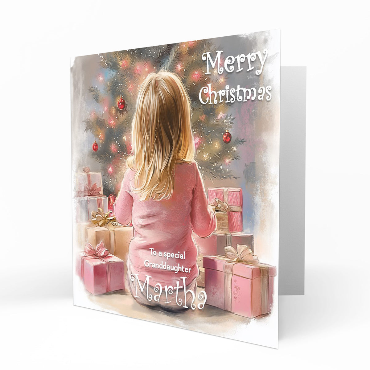 Christmas Card for girls Personalised Daughter Granddaughter Sister Niece Friend Opening Presents on Christmas Morning, Any Name, Any Relation C430