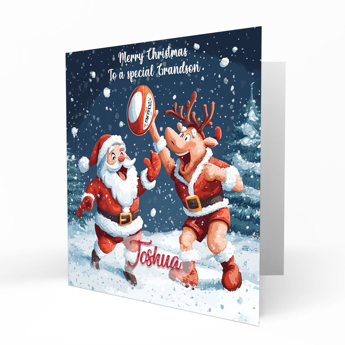 Personalised Christmas Card - Santa and Reindeer Playing Rugby