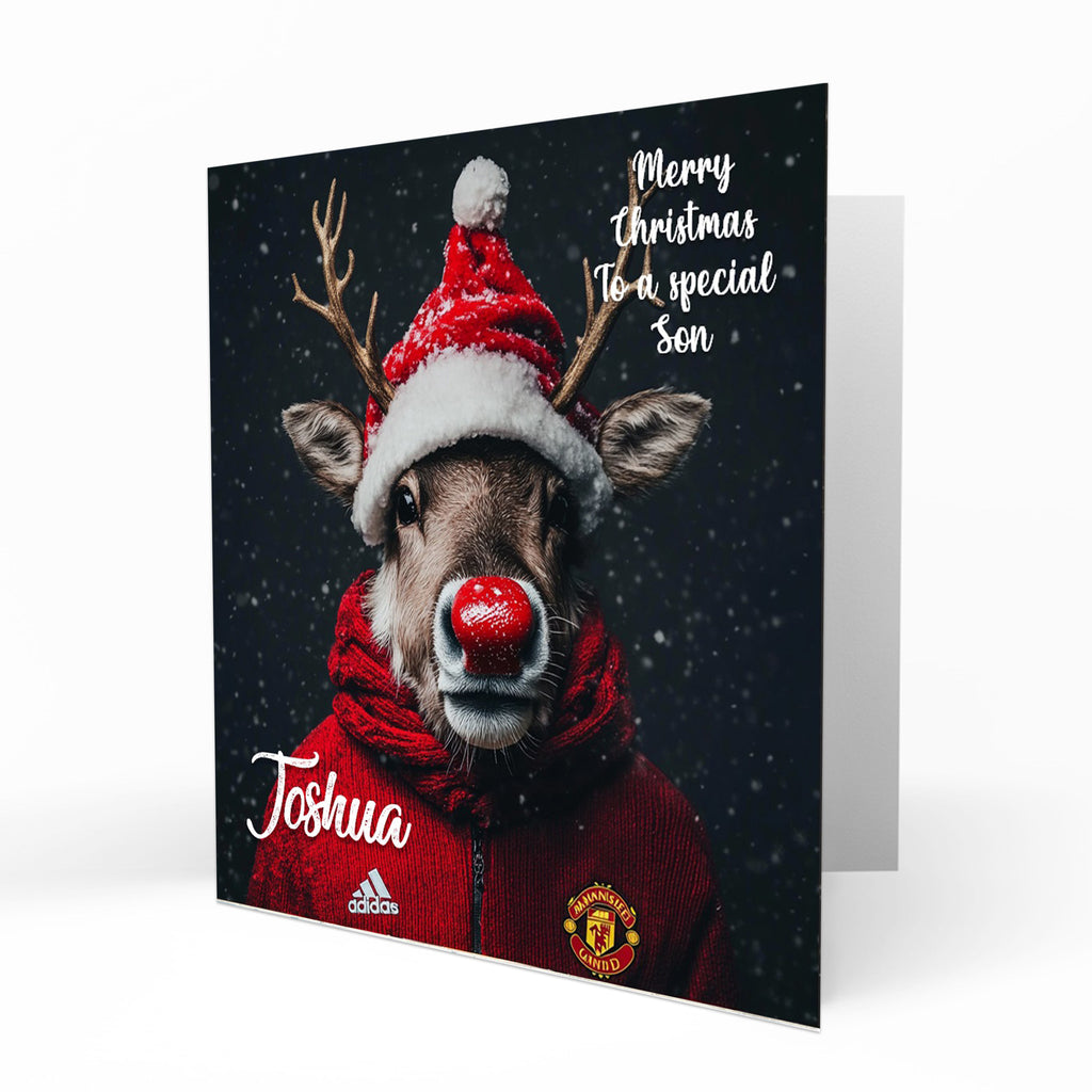 Personalised Christmas Card - Reindeer in Red Football Kit and Santa Hat