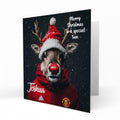 Personalised Christmas Card - Reindeer in Red Football Kit and Santa Hat