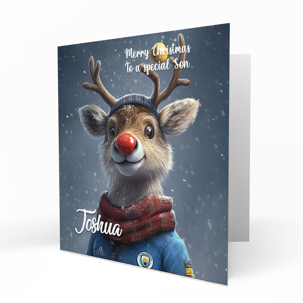 Personalised Christmas Card - Reindeer in Light Blue Football Shirt