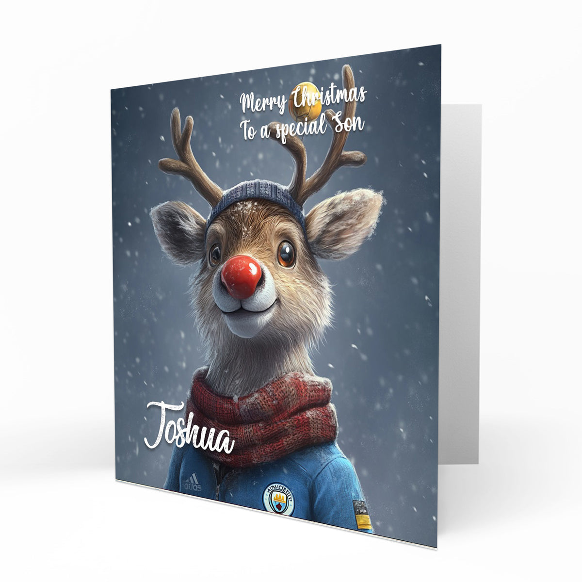 Personalised Christmas Card - Reindeer in Light Blue Football Shirt