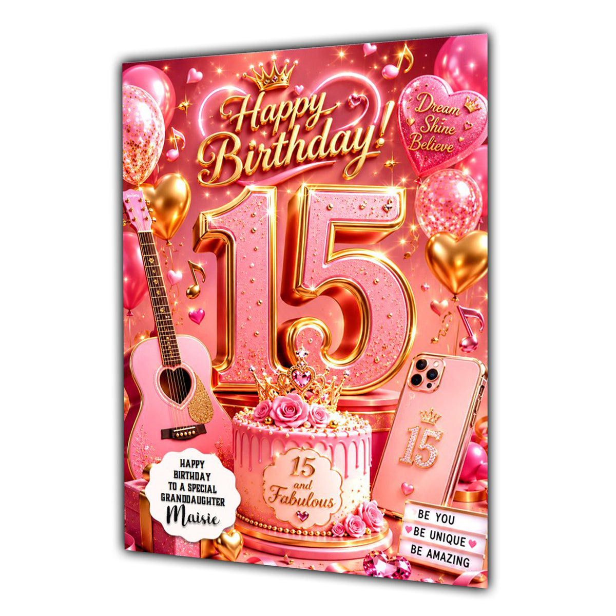 15th Birthday Card Girl Granddaughter Daughter Niece Large A5 Size Guitar