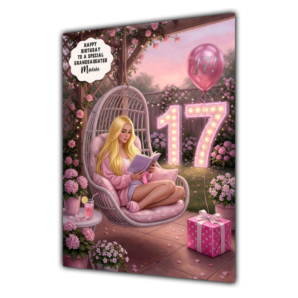 Personalised 17th Birthday Card - Girl Reading in a Garden Chair - Blonde Hair