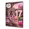 Personalised 17th Birthday Card - Girl Reading in a Garden Chair - Brown Hair