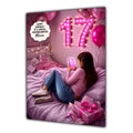 Personalised 17th Birthday Card - Girl Using a Phone on a Bed - Brown Hair