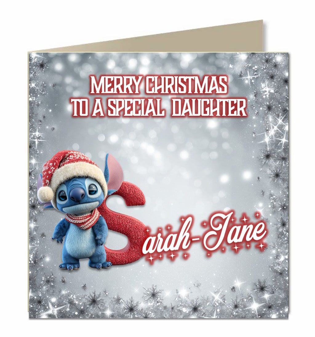 Personalised Christmas Card - Blue Cartoon Character with Initial Letter