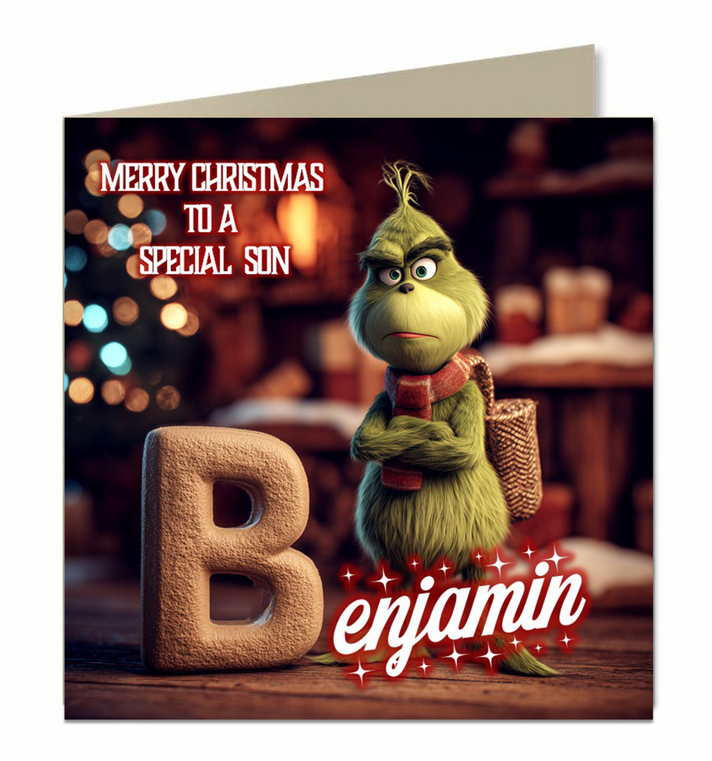 Personalised Christmas Card - Green Christmas Character with Initial Letter