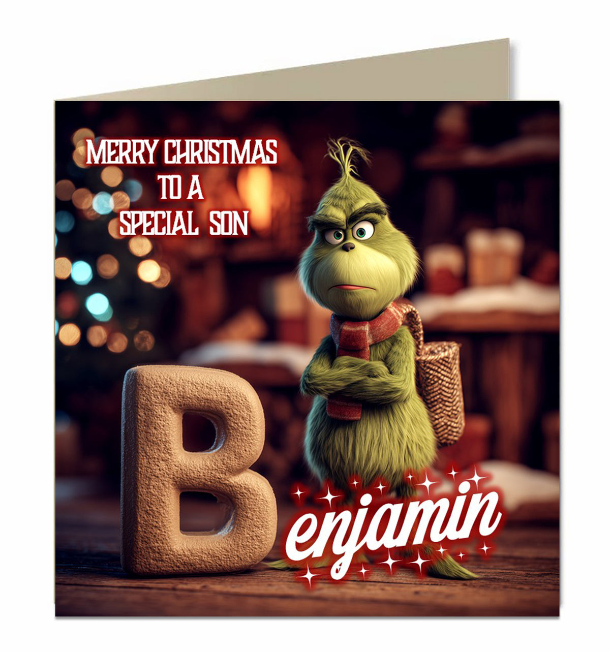 Personalised Christmas Card - Green Christmas Character with Initial Letter