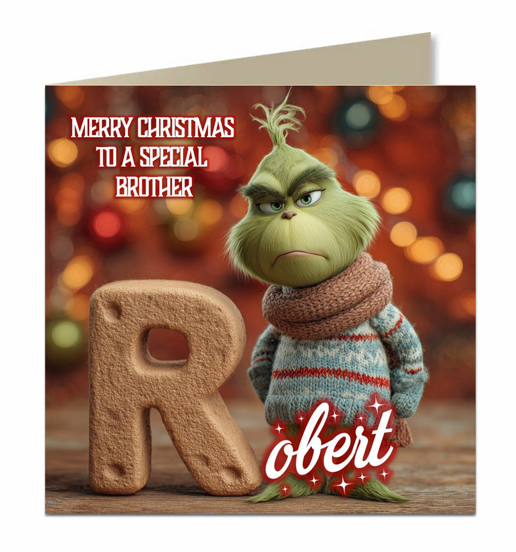 Personalised Christmas Card - Green Christmas Character with Initial Letter