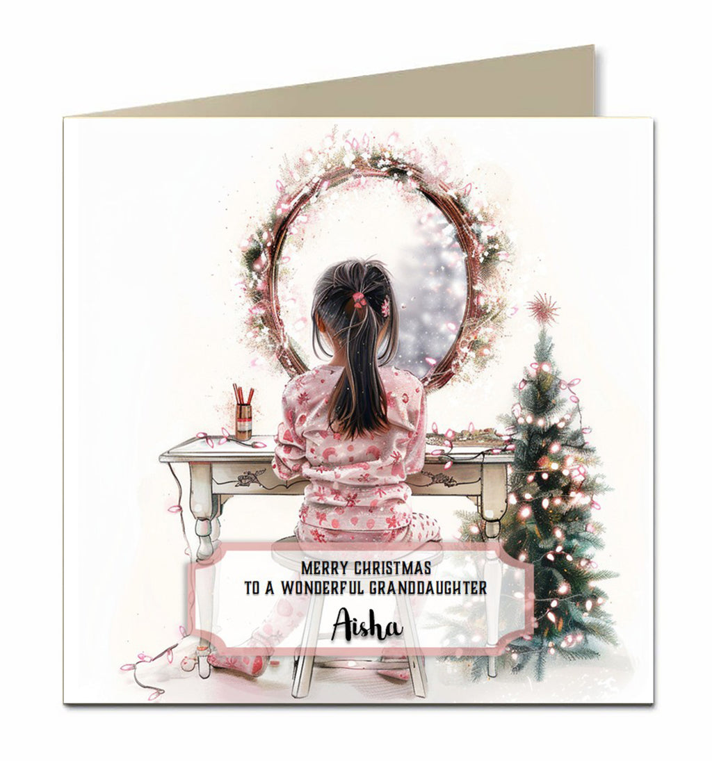 Personalised Christmas Card For Granddaughter, Daughter, Niece, Sister, Friend, Dressing Table, Black Hair