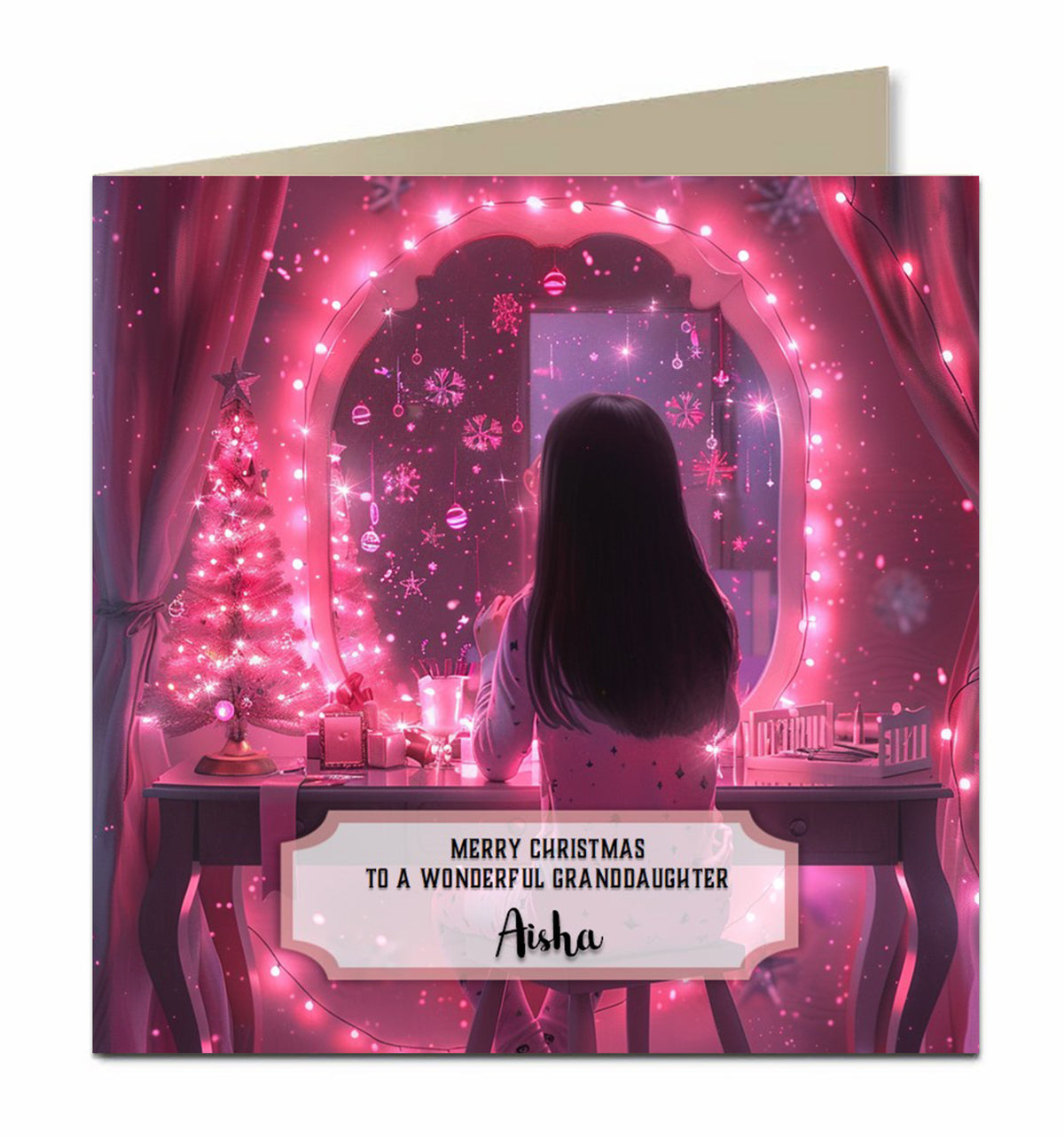 Personalised Christmas Card - Girl at a Pink Festive Dressing Table