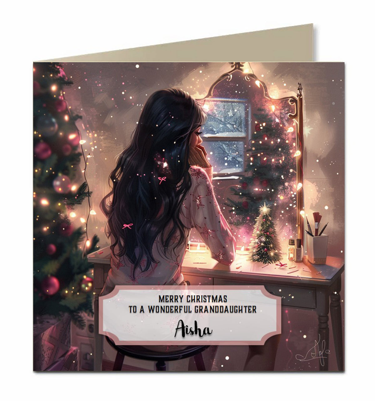 Personalised Christmas Card For Granddaughter, Daughter, Niece, Sister, Friend, Dressing Table, Black Hair