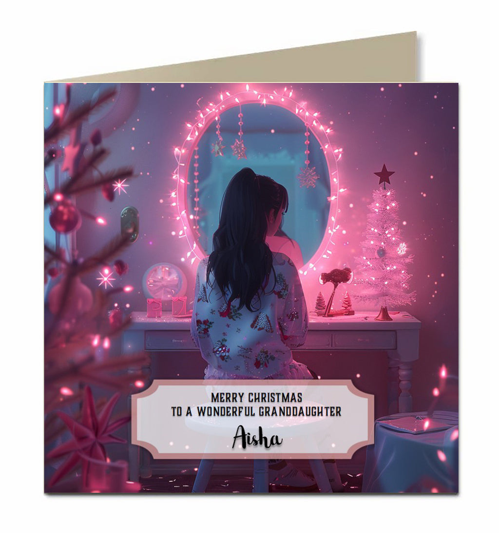 Personalised Christmas Card For Granddaughter, Daughter, Niece, Sister, Friend, Dressing Table, Black Hair
