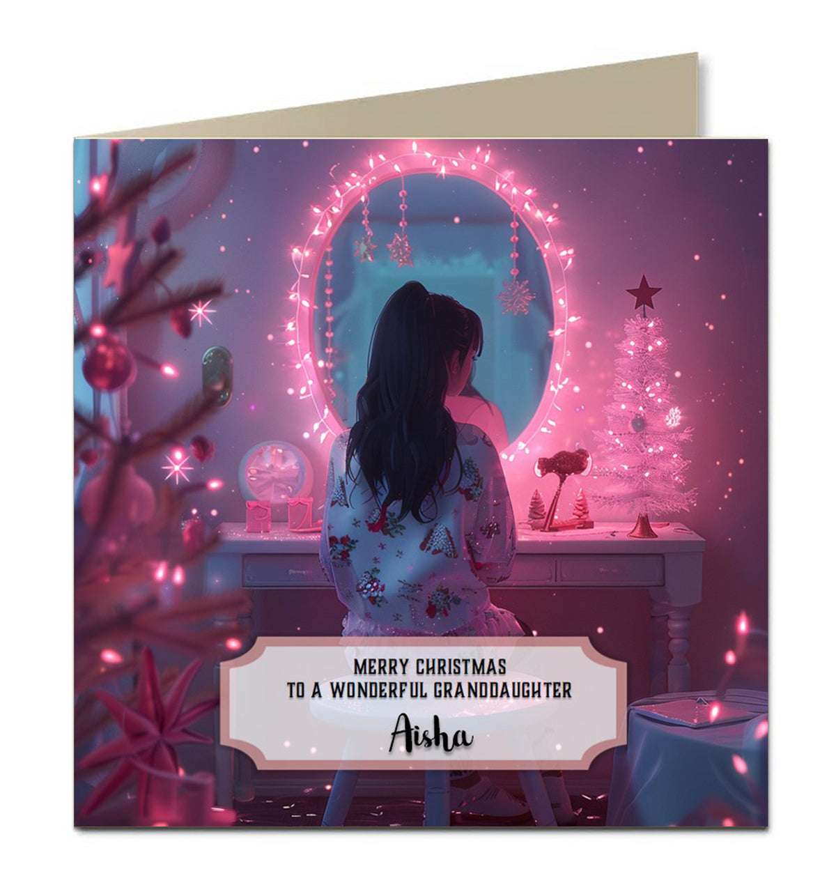 Personalised Christmas Card For Granddaughter, Daughter, Niece, Sister, Friend, Dressing Table, Black Hair