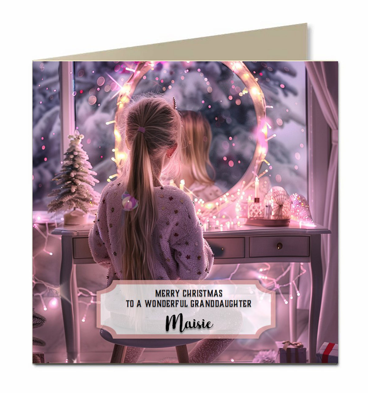 Personalised Christmas Card - Girl at a Pink Festive Dressing Table