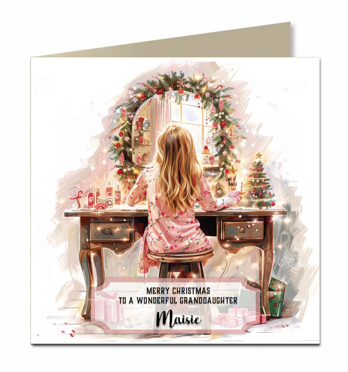 Personalised Christmas Card For Granddaughter, Daughter, Niece, Sister, Friend, Dressing Table, Blonde Hair