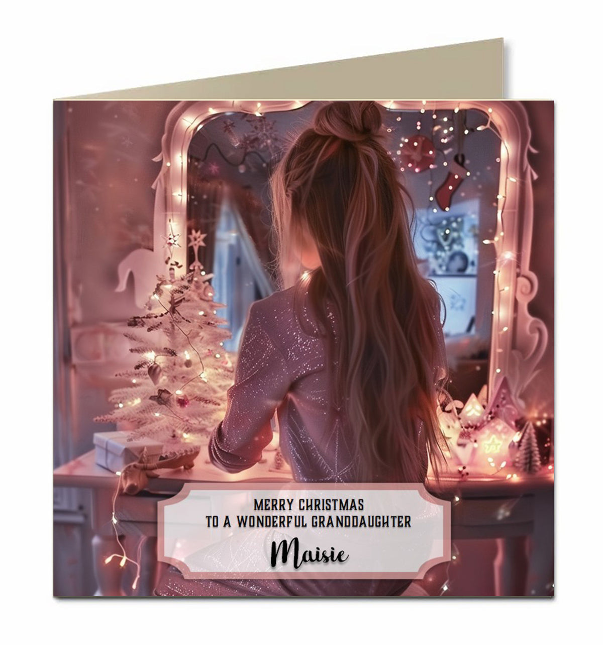 Personalised Christmas Card - Girl at a Pink Festive Dressing Table