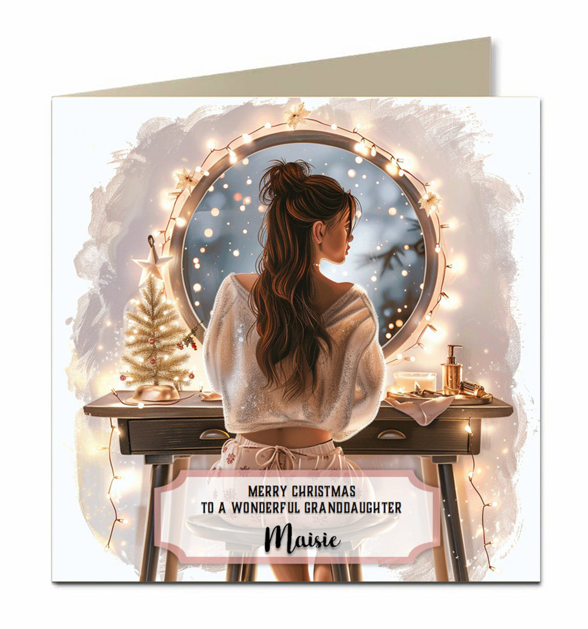 Personalised Christmas Card For Granddaughter, Daughter, Niece, Sister, Friend, Dressing Table, Brown Hair