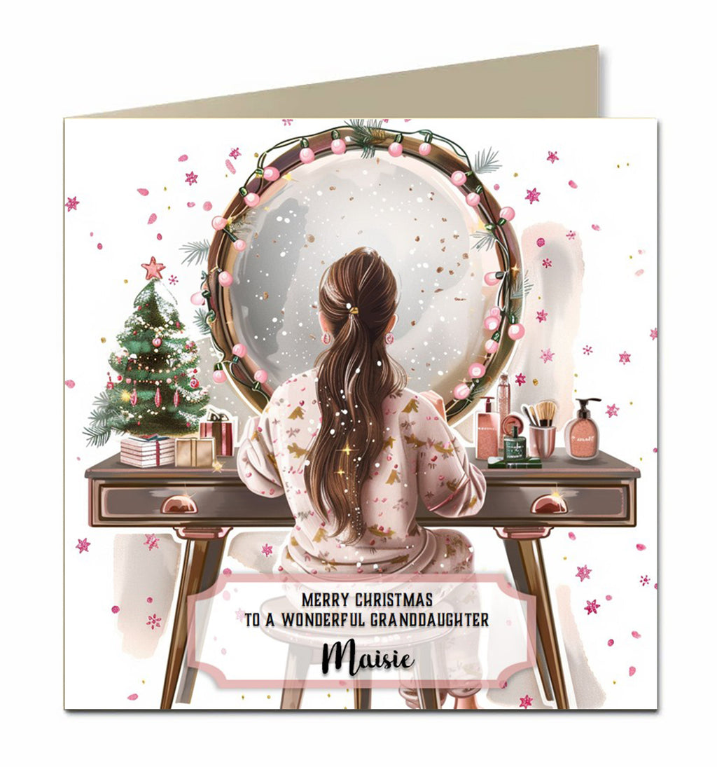 Personalised Christmas Card For Granddaughter, Daughter, Niece, Sister, Friend, Dressing Table, Brown Hair