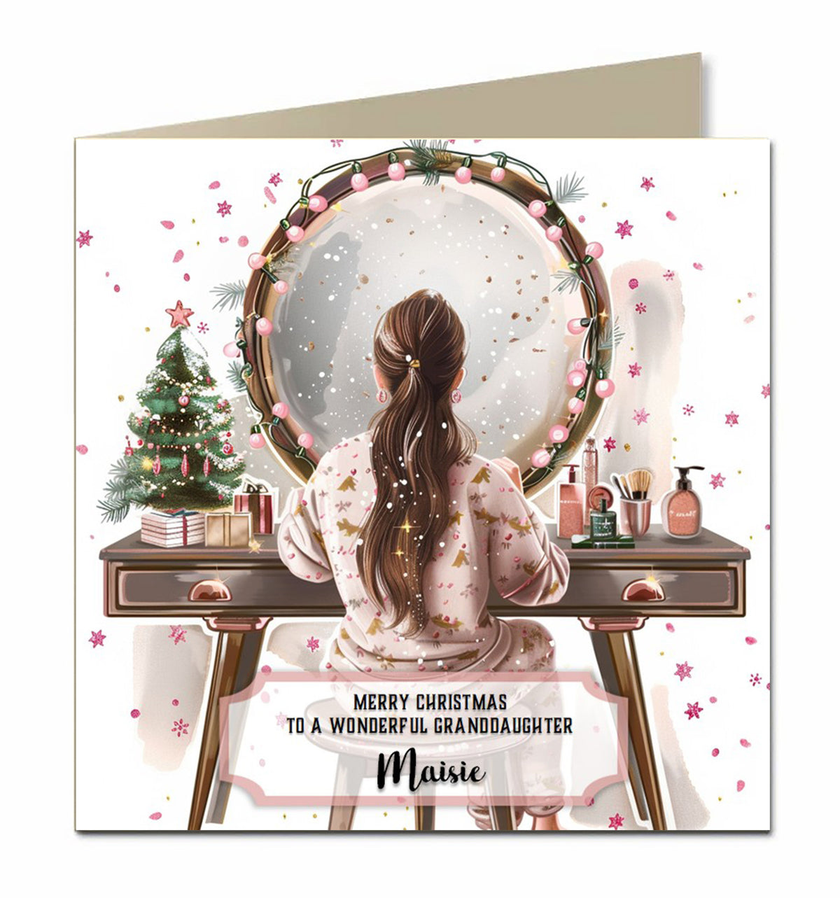 Personalised Christmas Card For Granddaughter, Daughter, Niece, Sister, Friend, Dressing Table, Brown Hair
