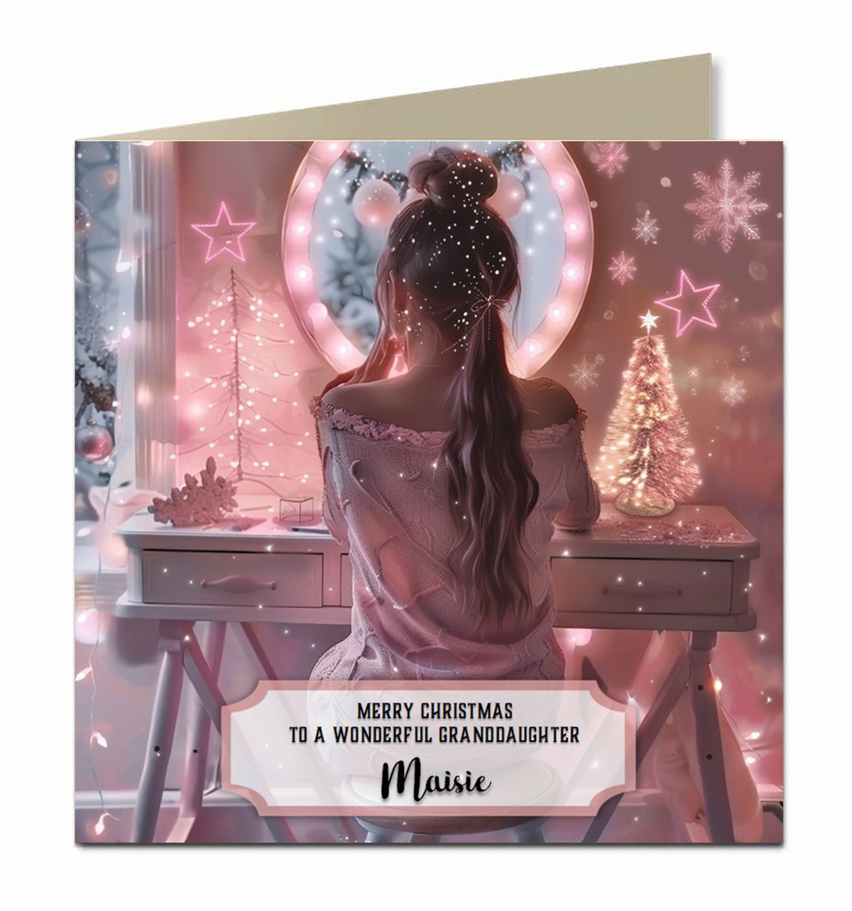 Personalised Christmas Card - Girl at a Pink Festive Dressing Table