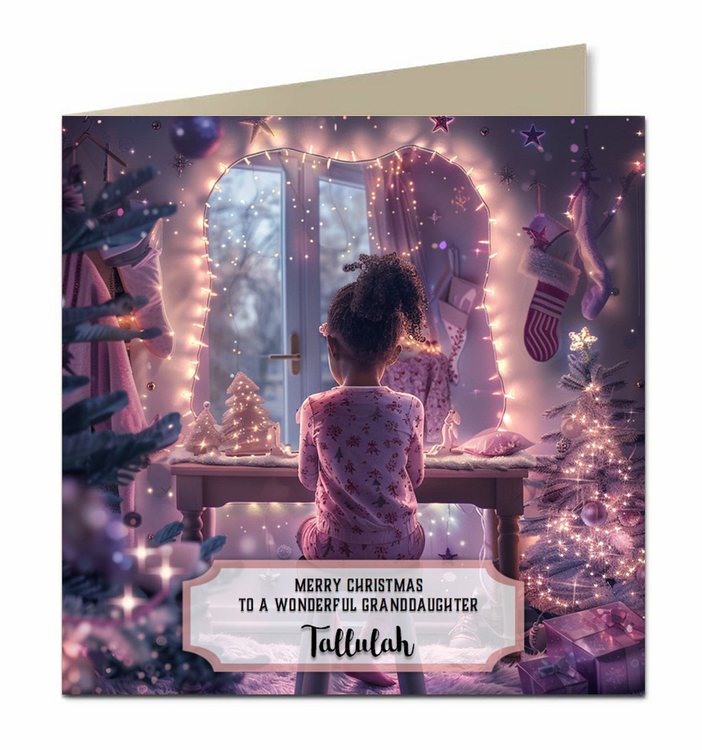 Personalised Christmas Card - Girl at a Pink Festive Dressing Table