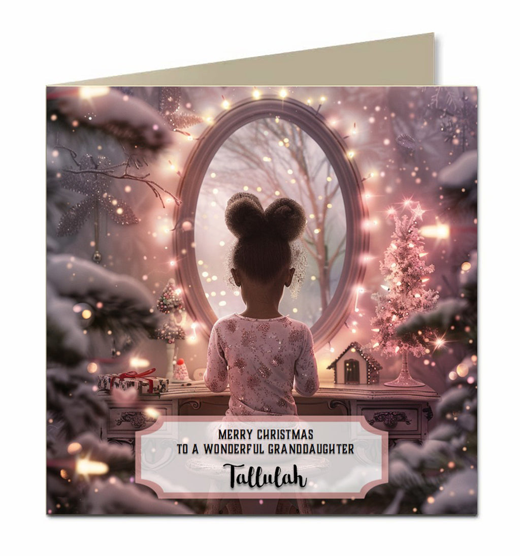 Personalised Christmas Card - Girl at a Pink Festive Dressing Table