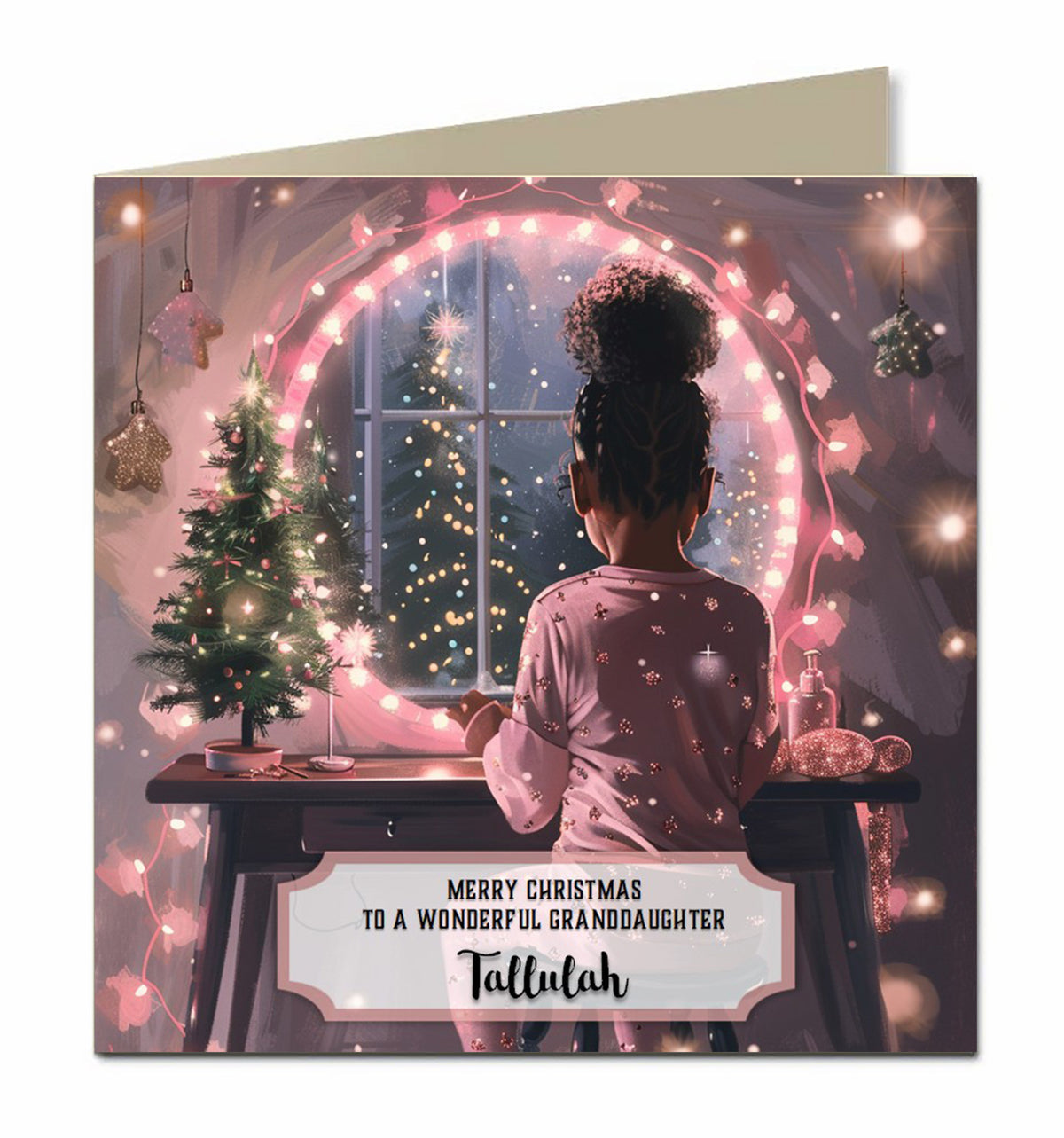 Personalised Christmas Card - Girl at a Pink Festive Dressing Table