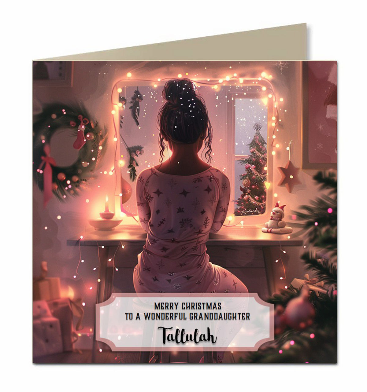 Personalised Christmas Card - Girl at a Pink Festive Dressing Table