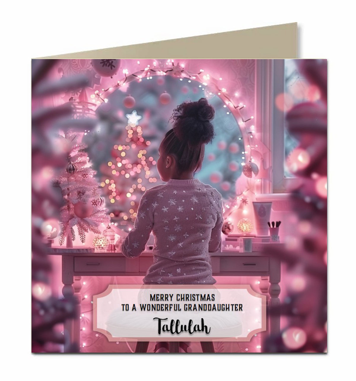 Personalised Christmas Card - Girl at a Pink Festive Dressing Table