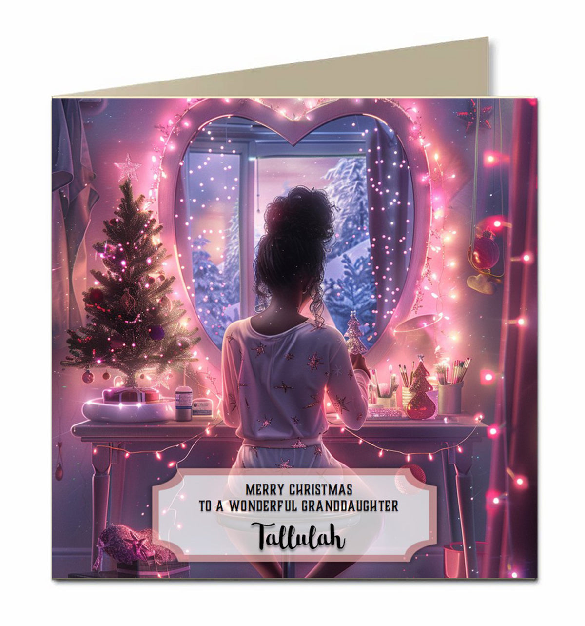 Personalised Christmas Card - Girl at a Pink Festive Dressing Table
