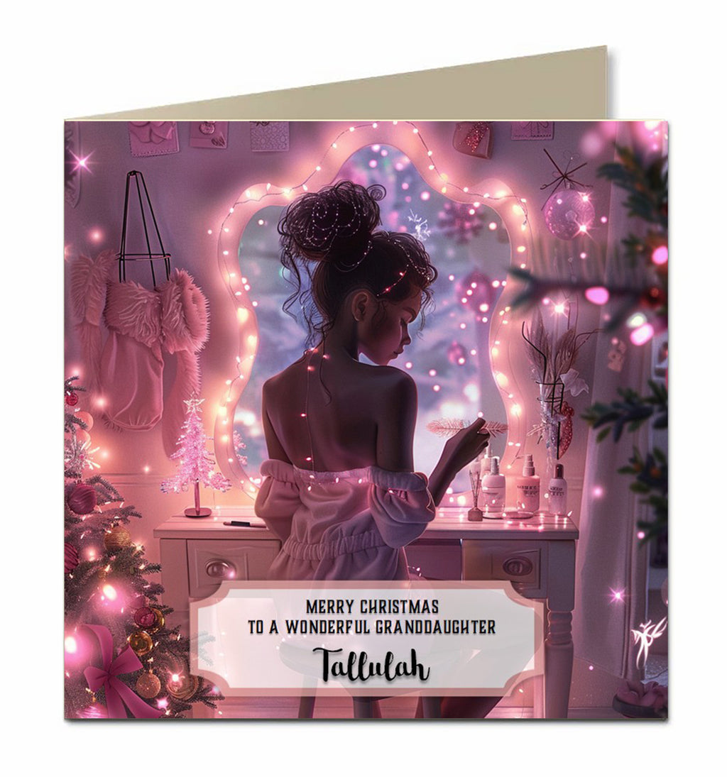 Personalised Christmas Card - Girl at a Pink Festive Dressing Table