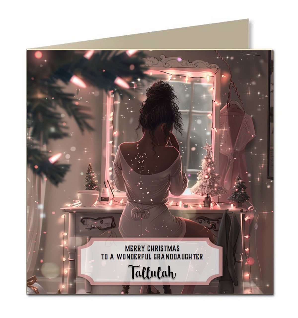 Personalised Christmas Card - Girl at a Pink Festive Dressing Table