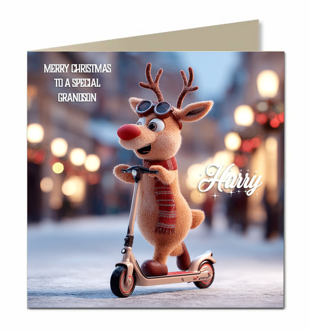 Personalised Christmas Card For Granddaughter, Grandson, Daughter, Son, Nephew, Niece, Rudolph On A Scooter